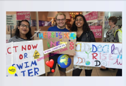 Fridays for Future protest Leamington Spa Royal Priors in summer of 2019. Pictured left to right are Zainab Mohamed, Christopher Hofmann (Warwick student) and Anna Mensch (Warwick student)