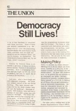 Democracy Still lives! 1974 Warwick Union Handbook. Warwick Digital Collection.