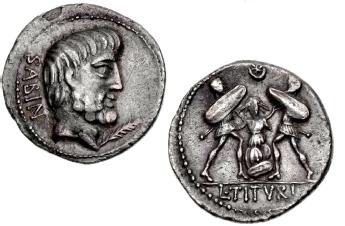 denarius depicting Tarpeia about to be crushed by shields