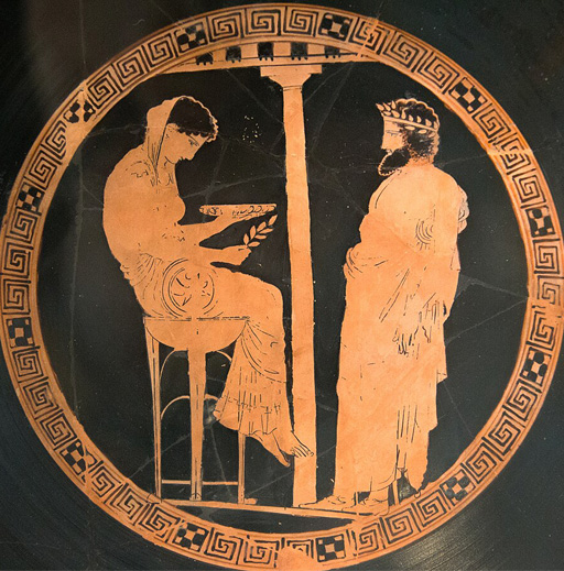 he mythical king of Athens, Aigeus, receiving an oracle from the Pythia at Delphi. Attic red-figure kylix