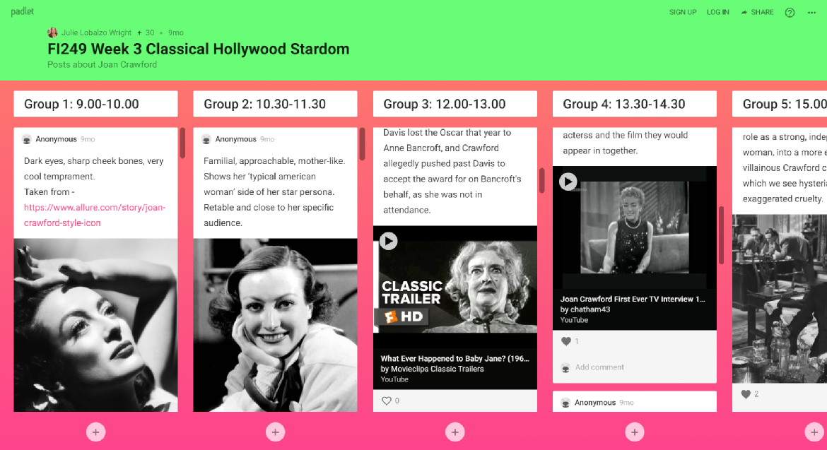 A screenshot of a Padlet webpage containing anonymous student submissions for a Classical Hollywood class on Joan Crawford.