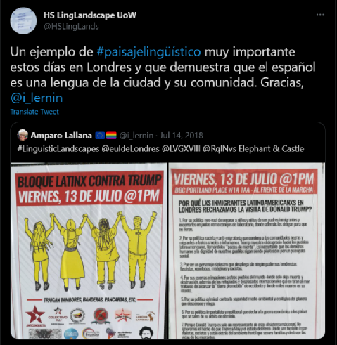 A screengrab of a Tweet written in Spanish with a photo of Spanish text encountered on UK streets