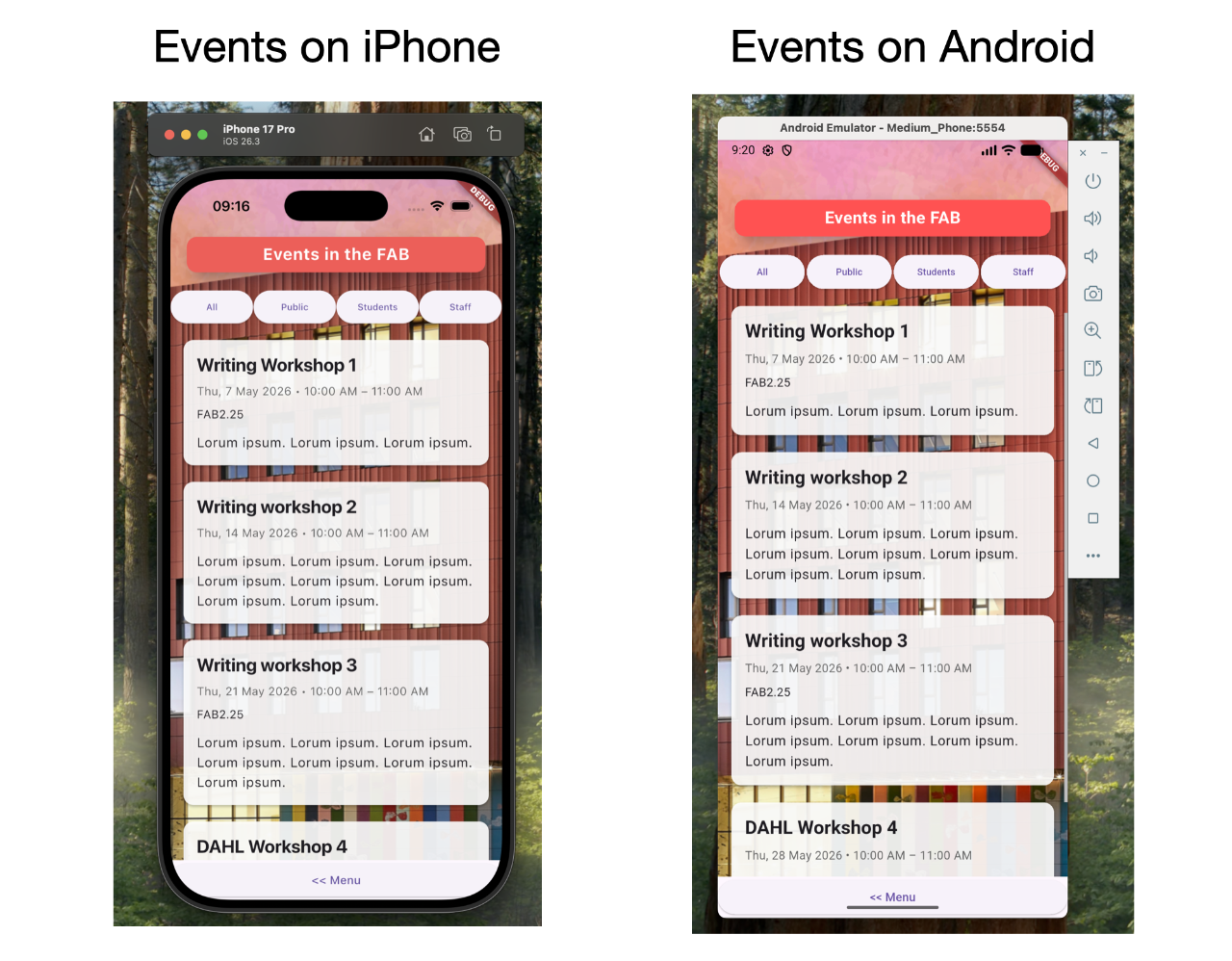 Events list on iPhone and Android