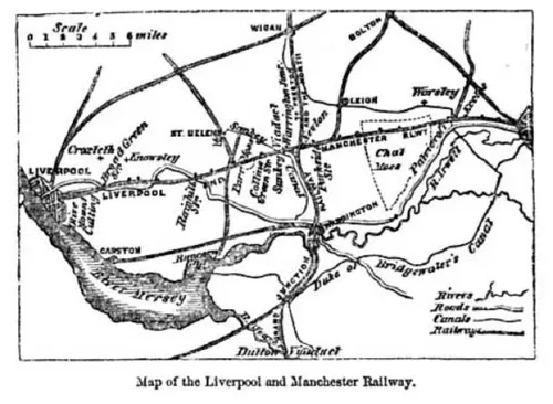 map of Machester to Liverpool railway, copyright expired.