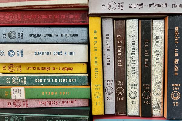 Multicoloured spines of Yiddish books on a wooden bookshelf