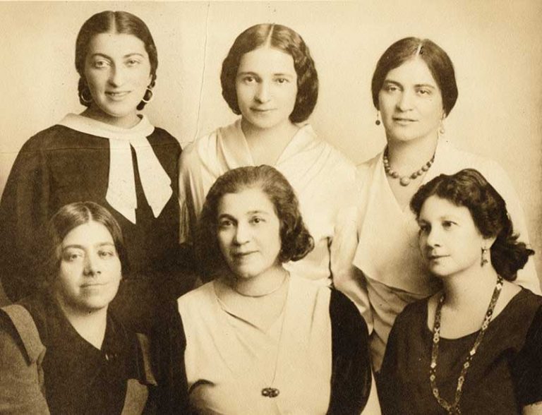 Black and white photograph of the Yiddish writers Celia Dropkin, Sarah Reisen, Ida Glazer, Esther Shumiatcher, Malka Lee, and Bertha Kling, in 1920s New York. 