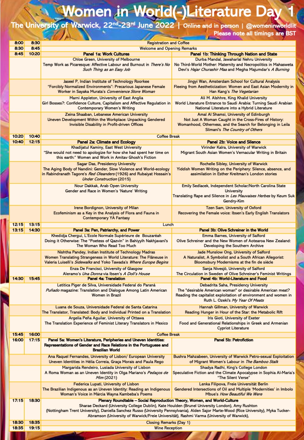 Schedule for Women in World(-)Literature conference. Plain text version below.