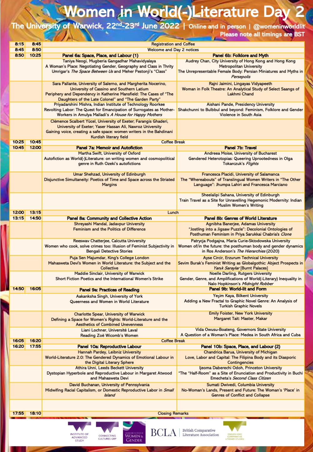 Schedule for Women in World(-)Literature conference Day 2. Plain text version below.