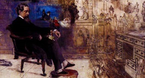 Charles Dickens and imaginary figures surrounding him in a dream