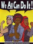 Image depicting three women of different races and ethnicities posing like Rosie the Riveter, with a dark blue speech bubble stating 