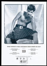 poster advocating condom use. black and white photo of young man in kilt