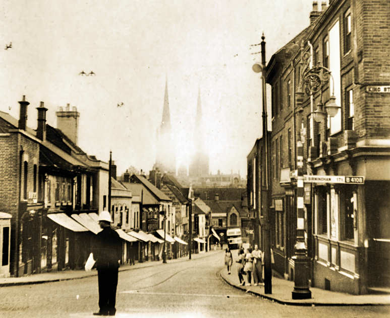 sepia photo Bishop St, Coventry 1930s, courtesy of Rob Orland, Historic Coventry