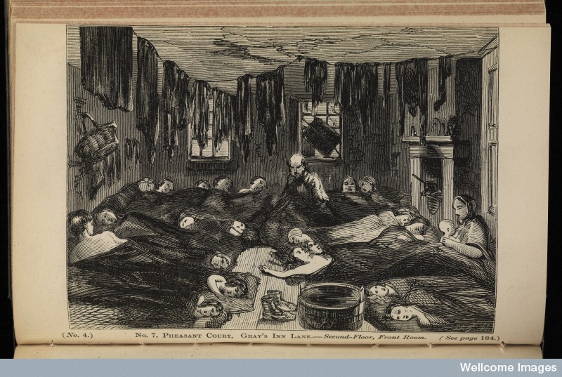 crampted living conditions of Irish immigrants, drawing