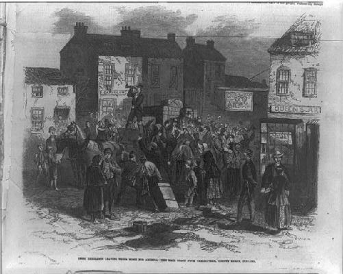 Irish emigrants leaving their home for America, drawing