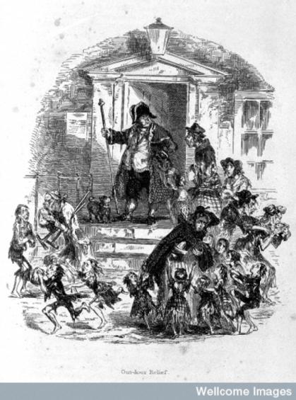 Poor people coming to workhouse for food, cartoon