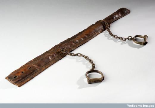Leather restraint harness which restricted the movements of mentally ill patients considered violent.
