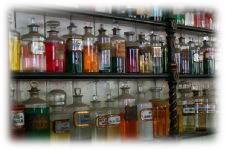 Shelves of jars of medicines in apothecary shop