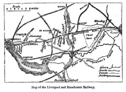map of Machester to Liverpool railway, copyright expired.