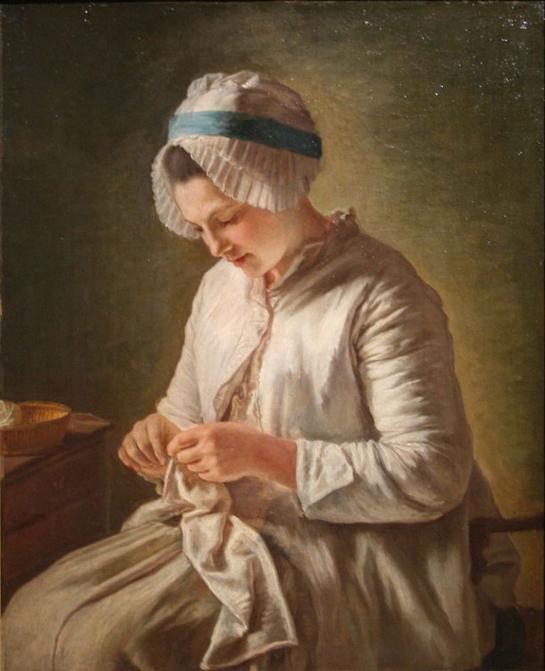 oil painting of woman knitting by Francoise Duparc