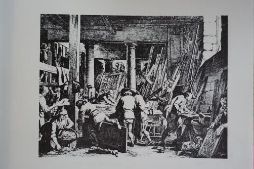black and white pen drawing of furniture-makers' workshop in C18 Paris