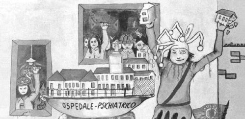 black and white cartoon of Basaglia tearing down asylum