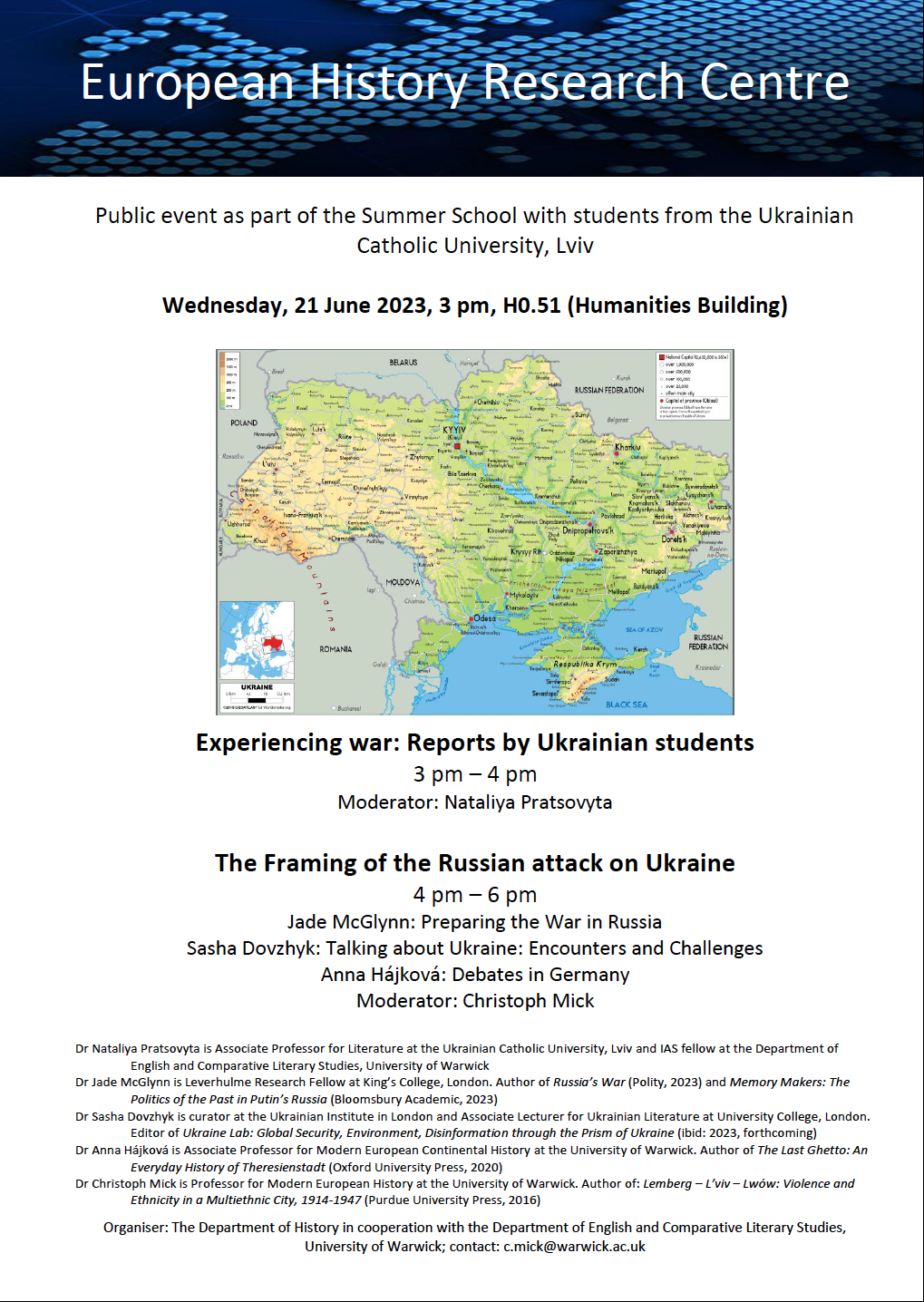 Poster public event of Ukrainian Summer School at Warwick University