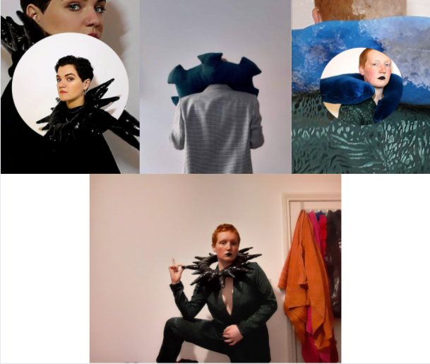 4 photographs. The first photograph shows two images is a person with a short black hair cut, pale skin and peircings wearing an all black outfit including a plastic neck ruff that looks similar to a blow up toy. the images are overlayed over each other. The second photo shows a person in a grey blazer with their back to the camera so no distinguishing features are visible, they wear a blue plush cog shape around their neck like a neck pillow. the third photo shows a second individual, light skinned with closecut ginger hair and dark blue lipstick, they are wearing a blue velvety neck pillow. The same individual is seen in the final photograph, stood with one leg up on a surface to the side and now wearing the same black blow up neck ruff around their neck, holding it in place with one hand.