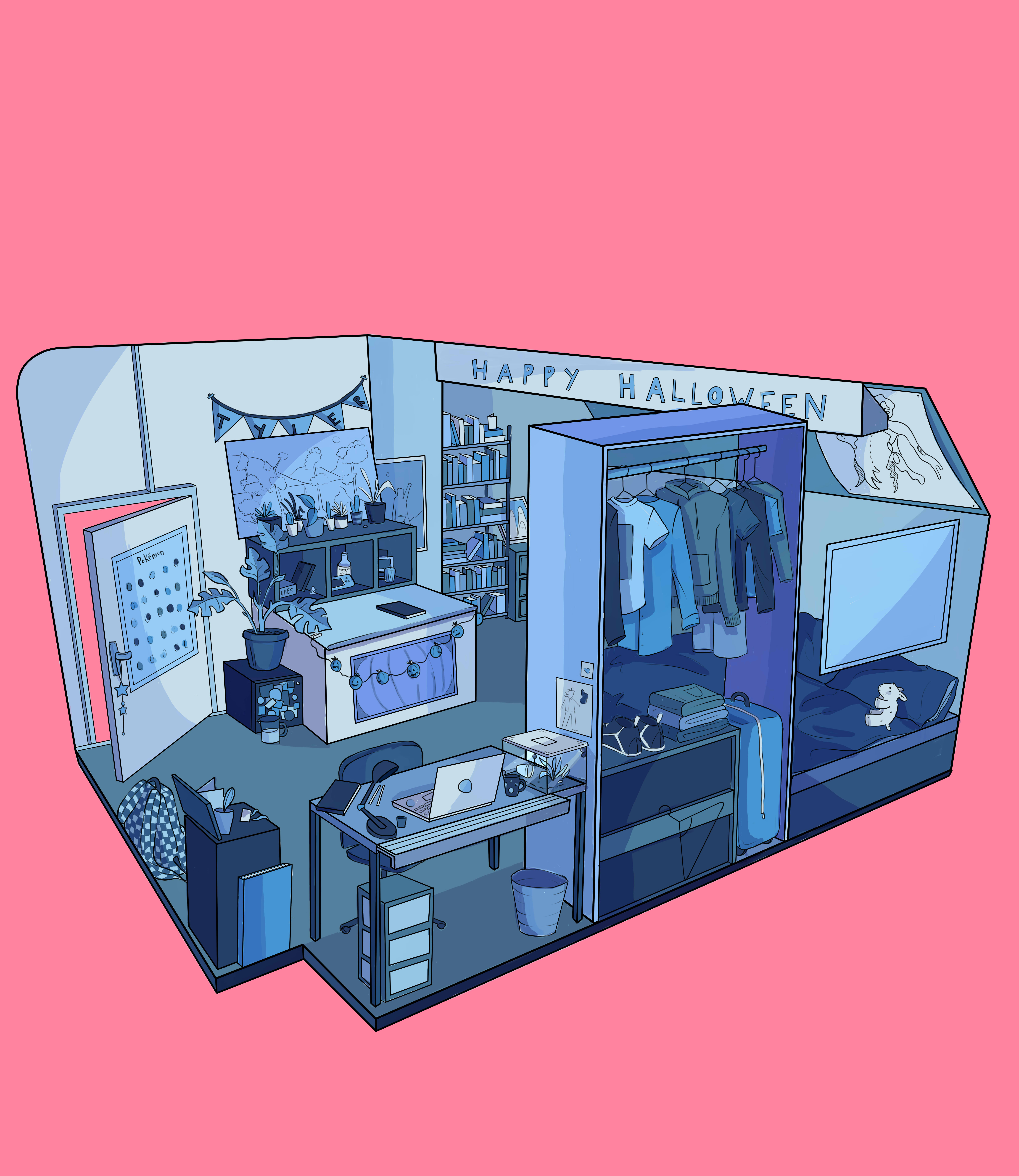 An illustration on an all pink background of a room in tones of blue. Within the room you can see details of bookshelves, posters, a happy hallowwen banner, a series of tshirt hanging in a closet, an open laptop on the desk and a small stuffed toy on the sofa