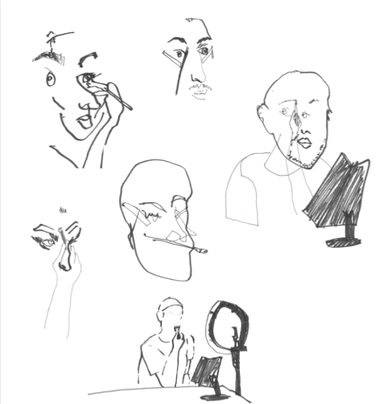 A series of line drawings, messy and rough depicting a drag queen putting on makeup, they are seated in front of a mirror and a ring light and are applying eyebrows and eye makeup, they are wearing a wig cap and are unshaven