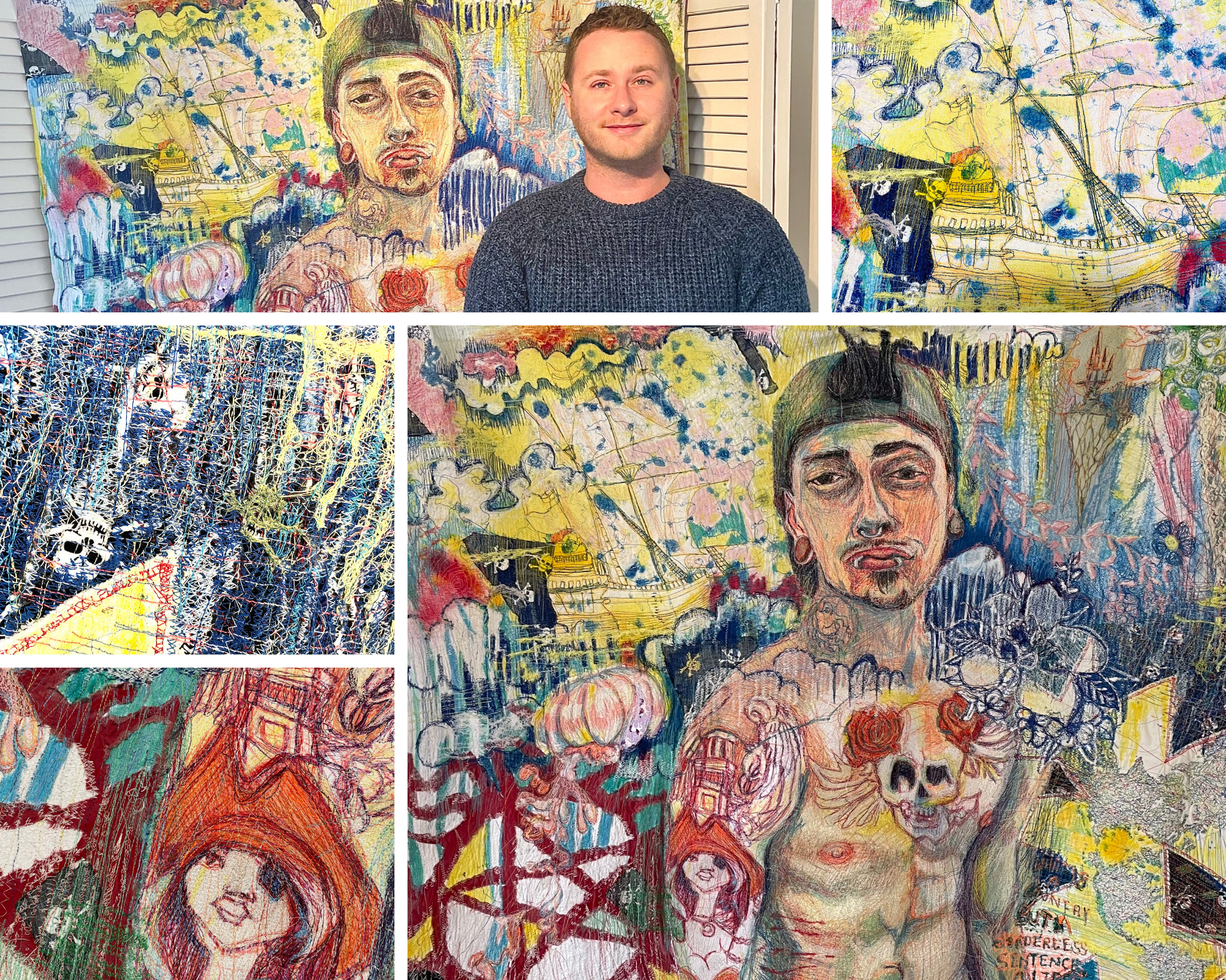 A textiles peice of art depecting a man in a snapback hat, on backwards, he is shirtlwess and surrounded by abstract artwork, some closeups are provided showing off his tattoo that looks like a priate with long red hair, a red hat and an eye patch. The artist is also depicted next to their work in a dark blue sweater.