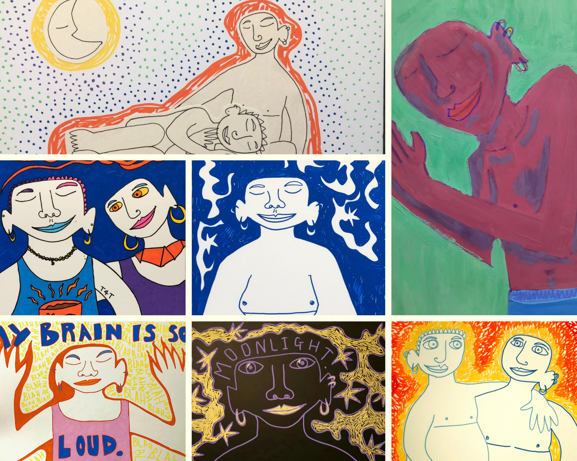 The image shows 7 pictures drawn in a distinct line drawing style that highlights the transness of the depicted bodies. Each body has top surgery scars on their chest and they depict trans intimacy and desire. The first shows one figure laying with their head in the lap of another, both are naked and looked over by the moon. The next is a fully coloured drawing of a trans body, hands clasped together and slightly bent over, it is idifficult to tell if this is supposed to be interpreted as a prayer or not. the third image depicts two individuals stood together, one of them has writing on their arm that reads 'T 4 T'. The fourth image shows a trans body seated, eyes closed and smiling in a blissful almost meditative state. The fifth shows a figure who seems angry, hands in the air,  text read 'my brain is so loud'. The sixth image is done on black paper and shows an outlined figure with the word 'moonlight' written over their head. The final image shows two trans bodies with arms wrapped around each other surrounded by an aura of yellow orange and red. 