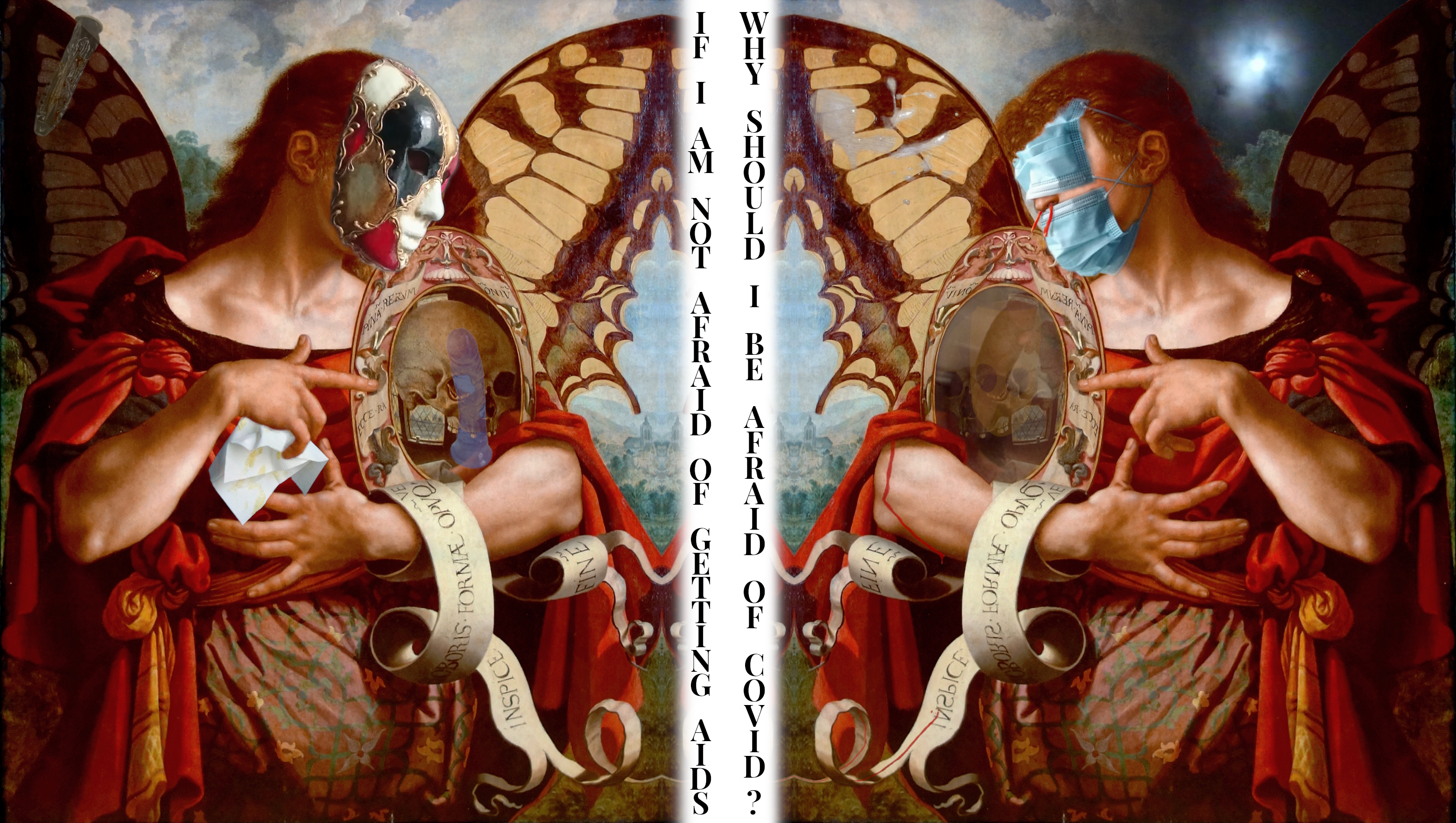 This image uses an almost biblical image as a base, michael diangelo figures facing each other. in the centre text writes 'if I am not afraid of AIDs, why should I be afraid of Covid?' The figures on either side have their faces replaced with a procelain mask on one side and on the other, two surgical masks. Hidden collaged aspects are found throughout the peice, an image of a skull, the shape of a dildo, a used tissue in the hand of one of the figures and it is very easy to miss the depth and detail