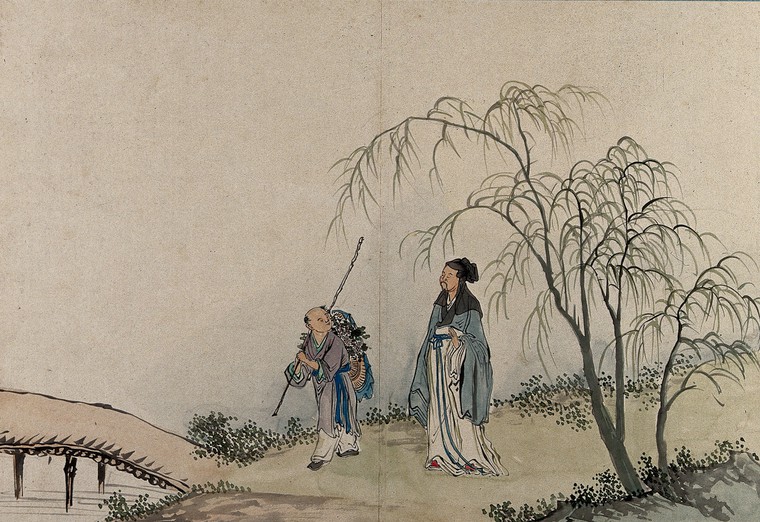 Chinese sage in conversation with a traveller