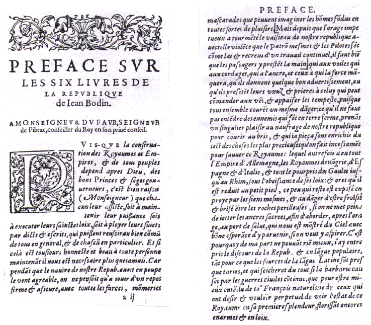 Preface of the “SIX LIVRES DE LA REPUBLIQUE” [Six Books of the Commonwealth] by Jean Bodin (1576)