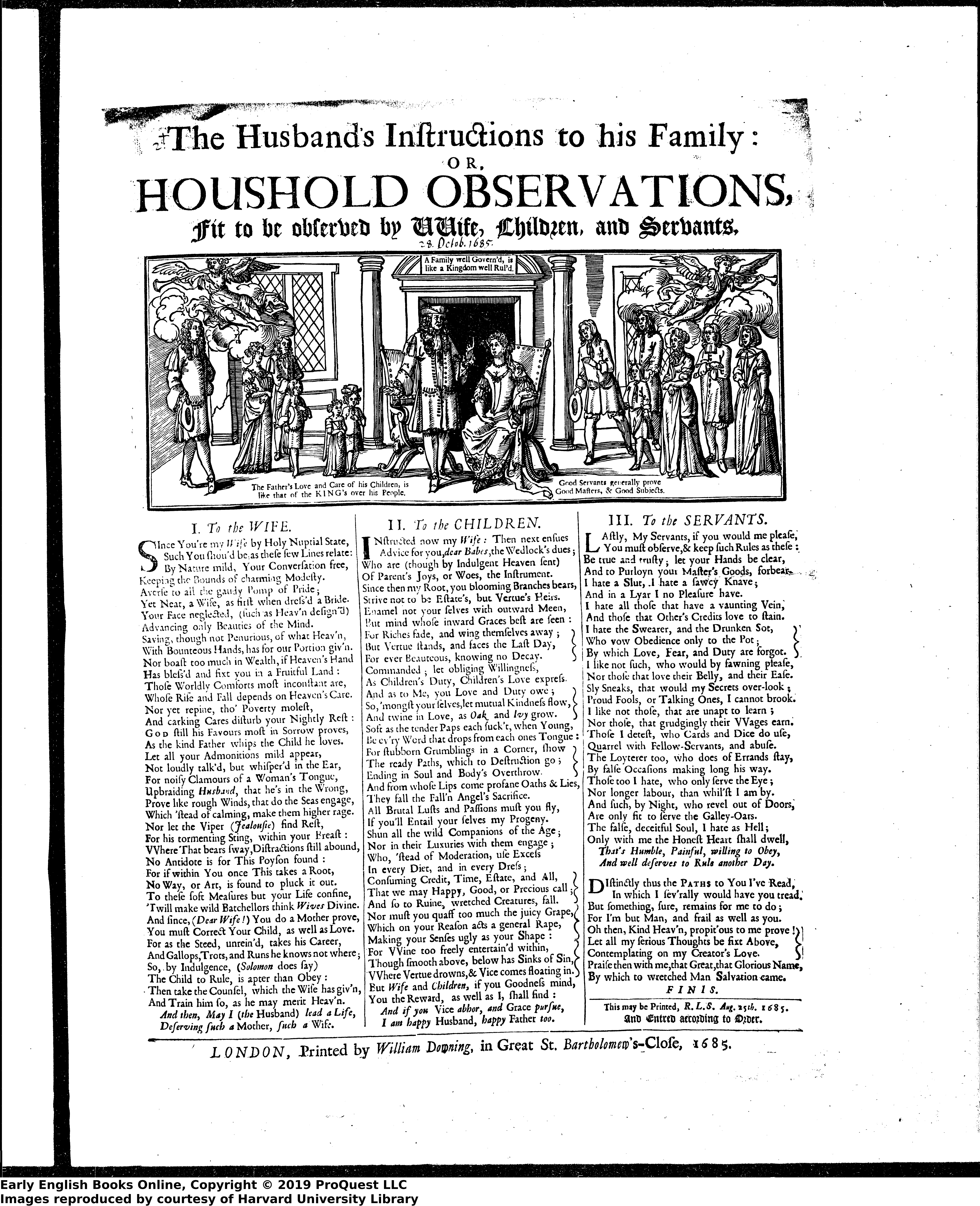 a broadside showing an idealised depiction of household government, 1685
