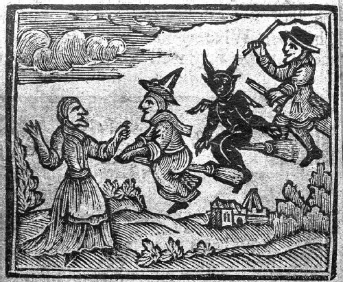 Witches and the Devil riding on broomsticks above a landscape
