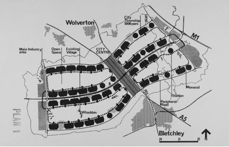 Early concept plan for 'Bucks New Town' in black and white. The city is divided into 'pods' representing density areas, along an axis with 'Wolverton' at the top and 'Bletchley' at the bottom. The pods hand along lines radiating out like the wings of a butterfly to east and west, with a label noting 'Open Space' between them. Labels include 'Monorail' and 'City Township 5000 pers.'
