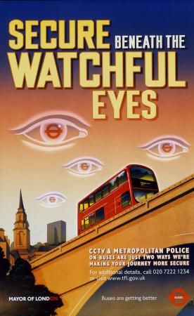 A 2002 Mark Thomas Transport for London poster featuring a red double-decker bus going over a bridge. The background is a rosy sky full of eyes. The eyes have the London Underground symbol for their pupils. Text extolls the policing and security of the Underground system.