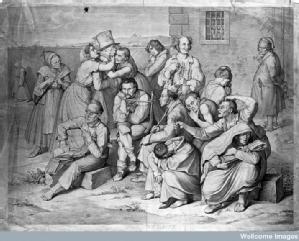 Patients in the garden of an asylum, engraving by K. H. Merz (c.1834)