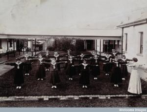 Female patients exercising at the Metropolitan Lunatic Asylum, Kew, Australia
