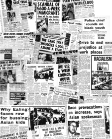 Black and white collage of anti-immigrant media headlines from UK press