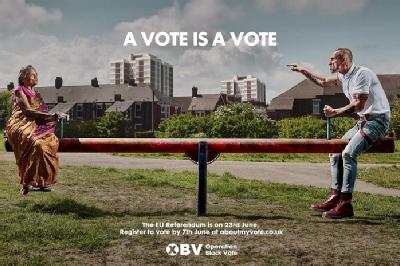 Operation Black Vote political poster for EU referendum, with a small elderly Asian woman positioned opposite a tall White skinheaded man on a teeter-totter; despite their differences in size, they are in balance. The slogan reads 'A vote is a vote'.