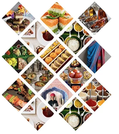 A design made up of colourful tiles, each showing an Indian dish.