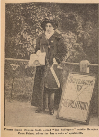 A 1913 newspaper clipping portraying Princess Sophia Duleep Singh selling the newspaper 'The Suffragette'.