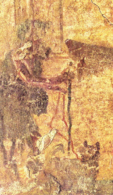 Photograph of a Pompeii fresco, in colour: a very faded and worn illustration of a man standing facing the right. His face has almost entirely been eroded. He is wearing a dark shawl and extending both his hands. In his left hand he holds a black cane, and in his right hand a red lead tied to a dog. The dog is quite small, dark, and appears to be looking up at its owner. 