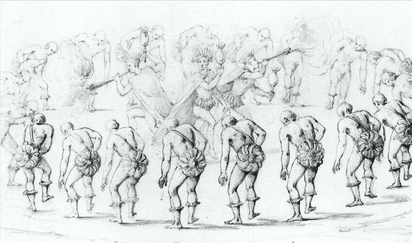 Dança guerreira e religiosa dos Tupinambá, Jean-Baptiste Debret (1834)