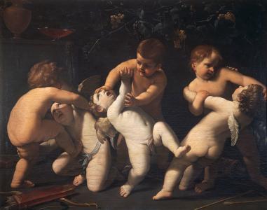 A painting by Guido Reni (1575-1642), depicting three sets of putti (cherubs) wrestling