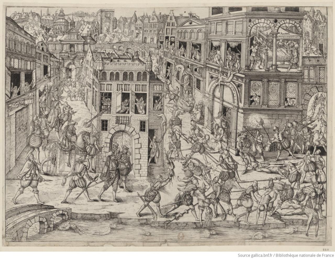 Engraving depicting violent scenes of the Saint-Bartholomew's Day Massacre in Paris, 24th August 1572 and subsequent days
