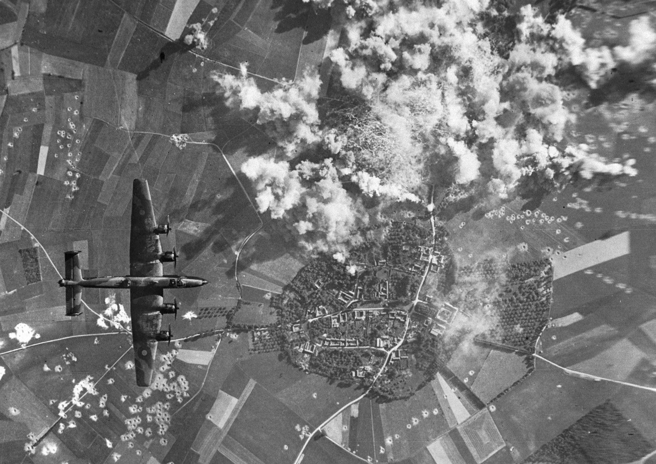 Aerial view of an allied bomber over Normandy