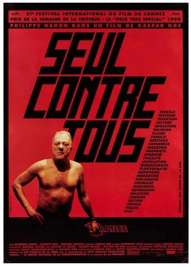 A movie poster - a shirtless older man stands in front of a solid red background